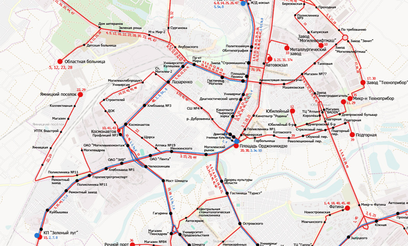 Могилев. Карта-схема городских маршрутов автобусов и троллейбусов