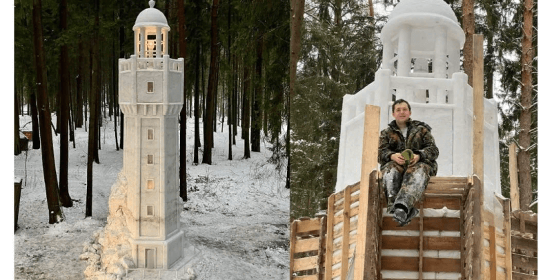 Маяк на скале — новый шедевр из снега в Могилевском районе